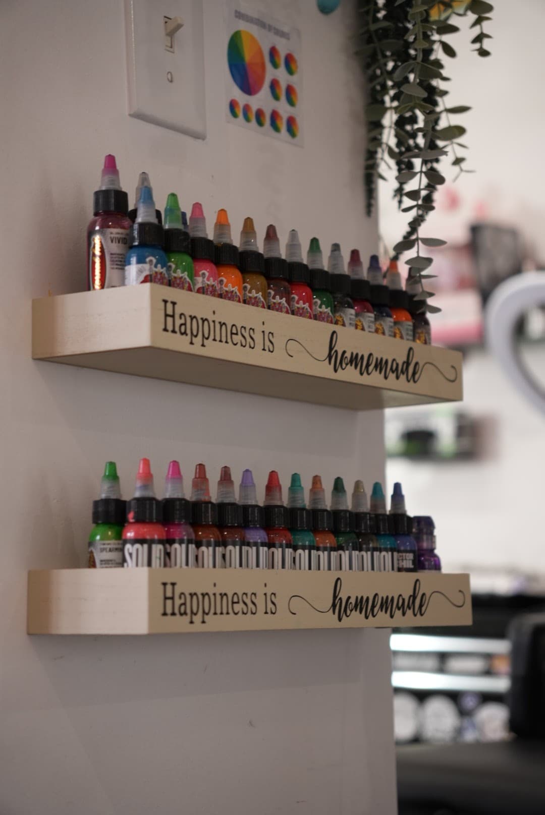 Two wall shelves of tattoo ink bottles lined up by colour in a Halifax studio